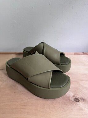 KMB Spain Olive Green Leather Cross Strap Chunky Slide Sandals EU 39 / US 8.5